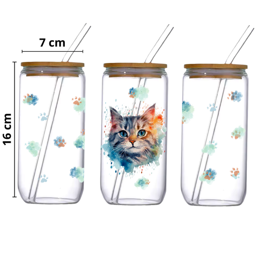 Verre 16 oz signé M.A - Chat gris