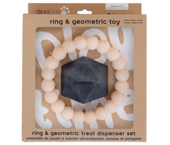 Dexypaws Jouet à Mâcher Ultra Robuste Pour Chien, Duo Anneau & Forme Géométrique - Beige & Noir