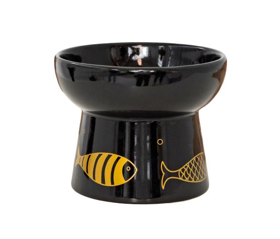 Dexypaws Bol Surélevé En Céramique Pour Chat 7oz - Noir Avec Imprimé De Poissons Dorés